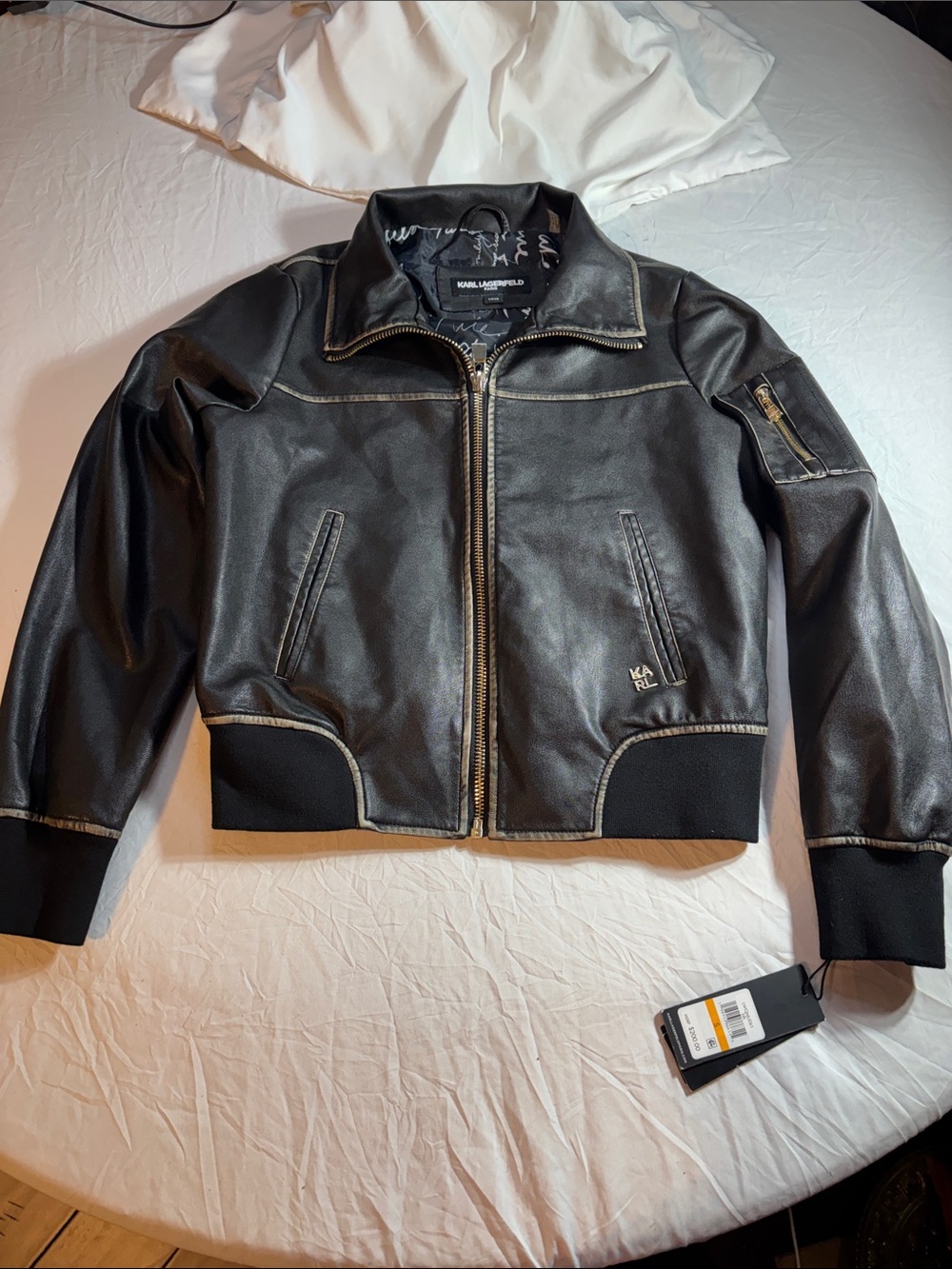 Karl Lagerfeld Black Faux Leather Bomber with Contrast Stitching